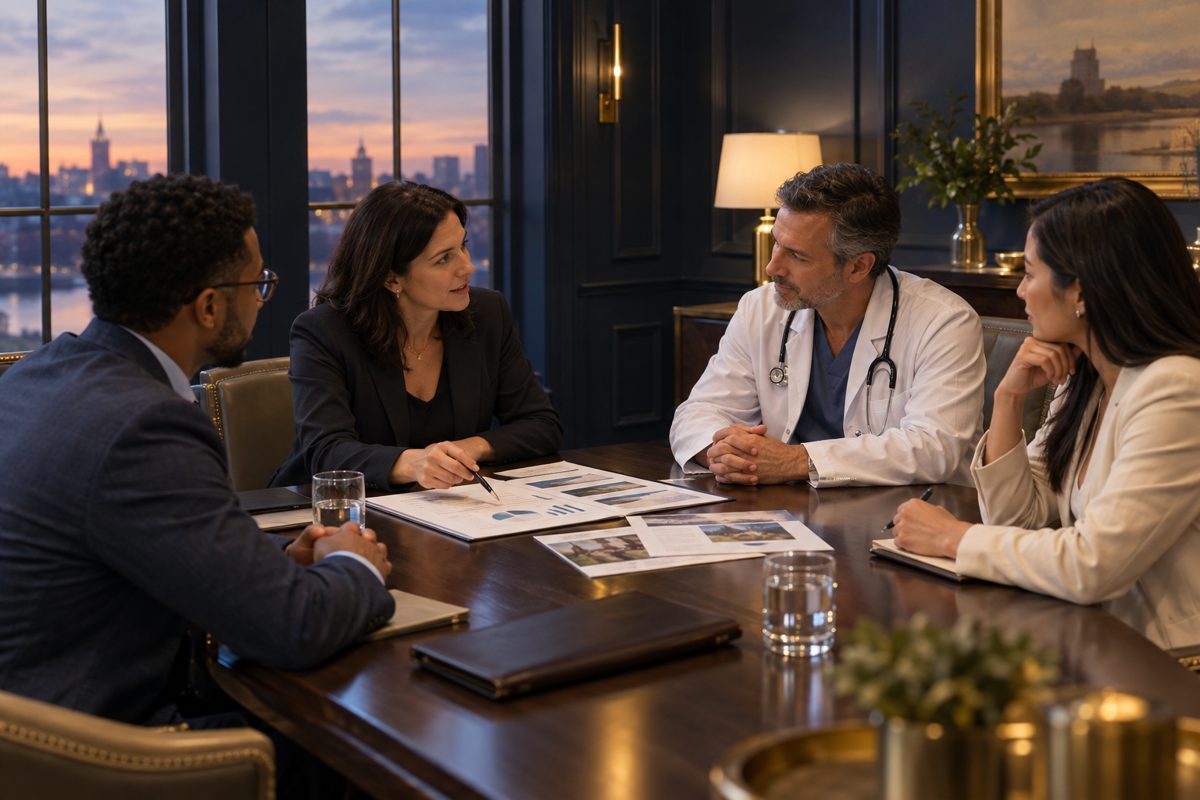 A medical professional meeting with a team of advisors around a conference table